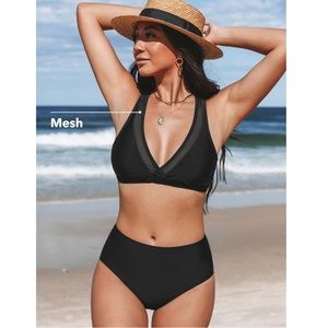Cupshe Black Release Happiness Mesh Bralette & Retro High Waist Bikini Set - XL